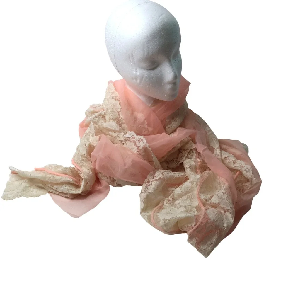 Vintage Style Pink Sheer Tulle and Cream Floral Lace Long Wrap Scarf 121 Inch
